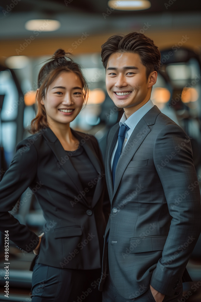 Asian woman and man in suits talking in exercise gym. Asian woman and man in suits talking in exercise gym.