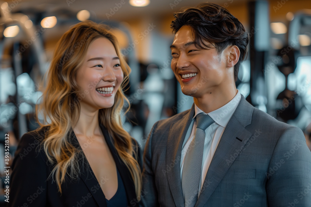 Asian woman and man in suits talking in exercise gym. Asian woman and man in suits talking in exercise gym.