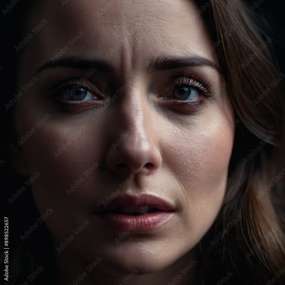 Woman with furrowed brows and worried expression looks directly at camera. Lighting is dim, casting shadows around face, emphasizing her stress. Fear, frustration, upset, worry and thoughtfulness. AI Woman with furrowed brows and worried expression looks directly at camera. Lighting is dim, casting shadows around face, emphasizing her stress. Fear, frustration, upset, worry and thoughtfulness. AI