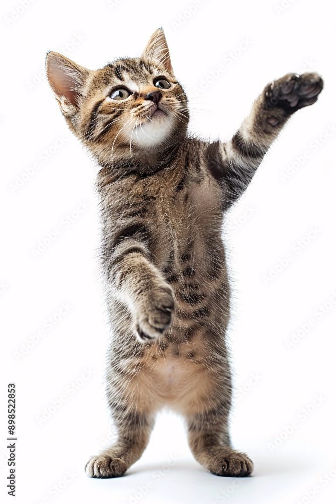 Obraz premium An adorable striped kitten playfully raising its paw, showcasing its playful nature and curiosity. Perfect for pet lovers and animal-themed projects.
