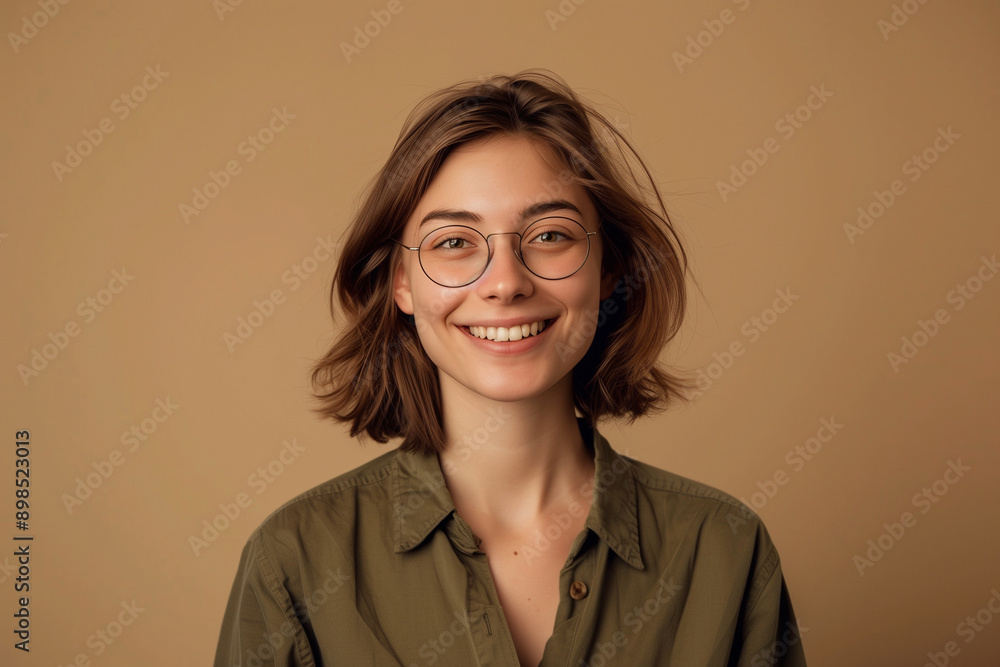 smiling woman with glasses and bob hairstyle wearing a green shirt standing over a beige background smiling woman with glasses and bob hairstyle wearing a green shirt standing over a beige background