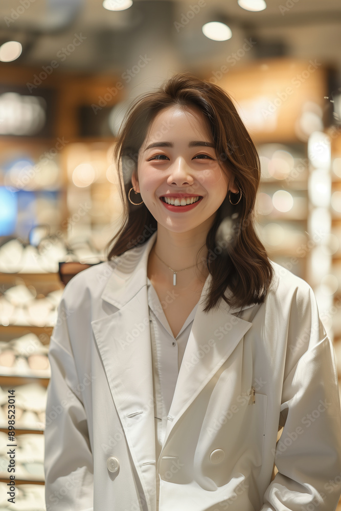 Asian female ophthalmologist in white coat smiling with confidence in eyeglasses shop. Asian female ophthalmologist in white coat smiling with confidence in eyeglasses shop.