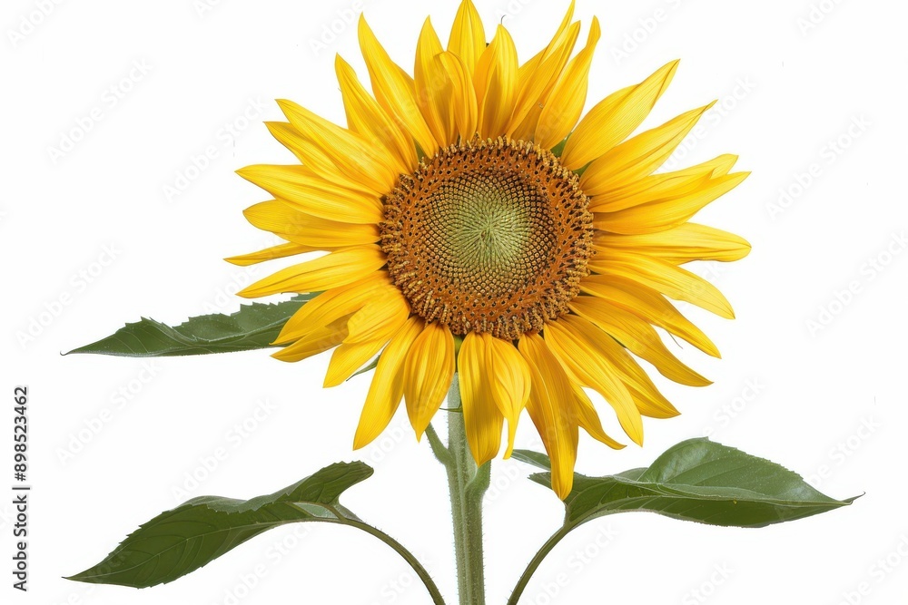Vibrant sunflower with long green stem and leaves, isolated on white background Vibrant sunflower with long green stem and leaves, isolated on white background
