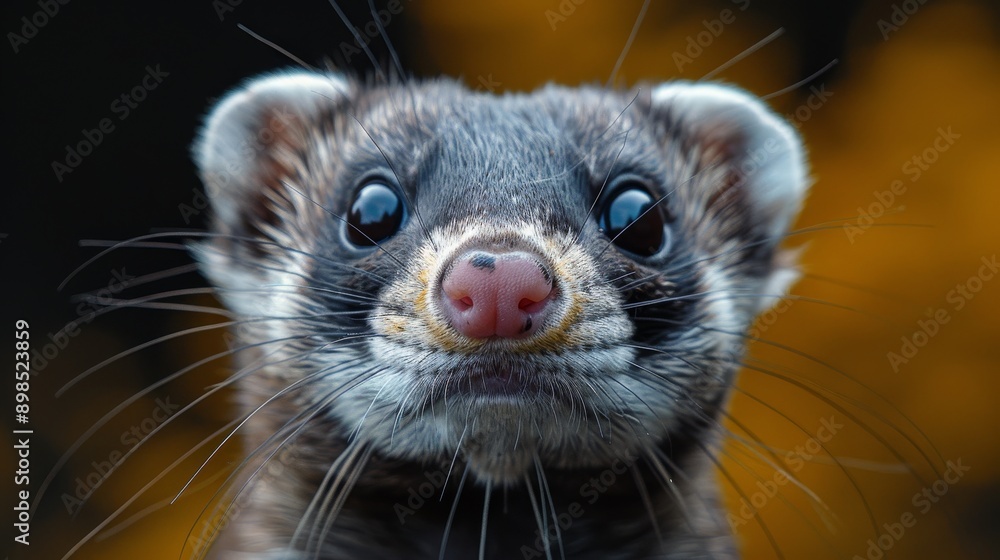 Close up portrait of a ferret making a funny face with a blurred yellow background Close up portrait of a ferret making a funny face with a blurred yellow background