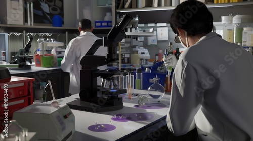 A scientist examines a sample under a microscope in a laboratory, with a colleague working in the background.