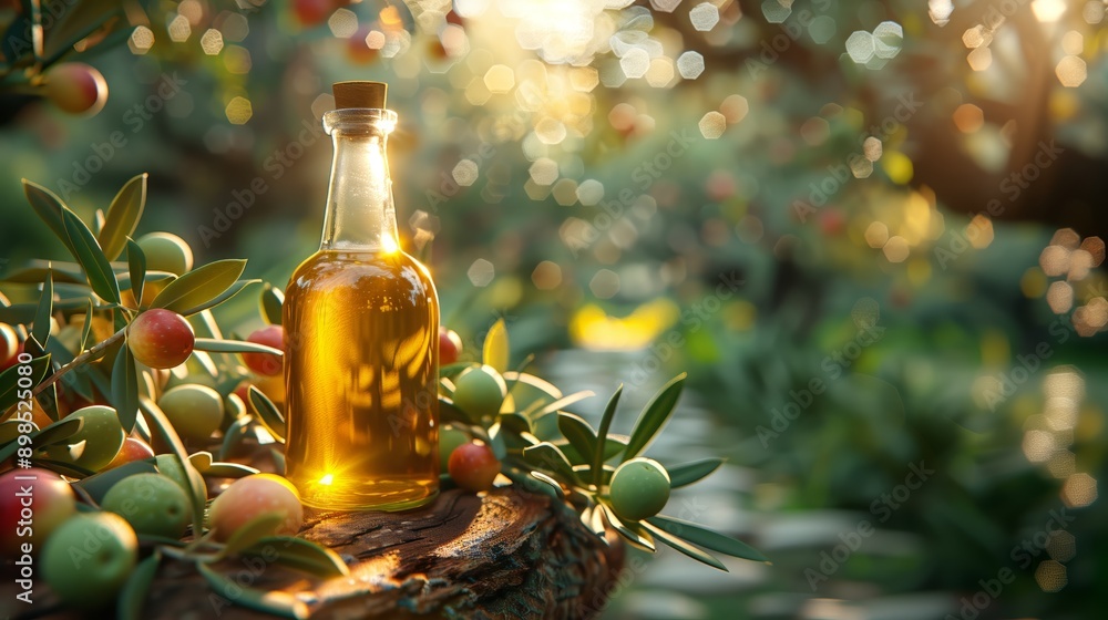 Golden olive oil with cork stoppers on a wooden surface among fresh olives and green leaves. Golden olive oil with cork stoppers on a wooden surface among fresh olives and green leaves.
