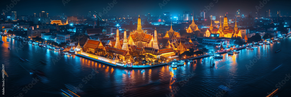 Obraz premium Aerial view of a Thai temple along the river at night lit up with colorful lights.