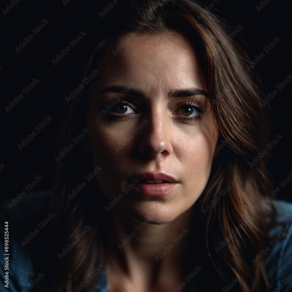 Woman with furrowed brows and worried expression looks directly at camera. Lighting is dim, casting shadows around face, emphasizing her stress. Fear, frustration, upset, worry and thoughtfulness. AI Woman with furrowed brows and worried expression looks directly at camera. Lighting is dim, casting shadows around face, emphasizing her stress. Fear, frustration, upset, worry and thoughtfulness. AI