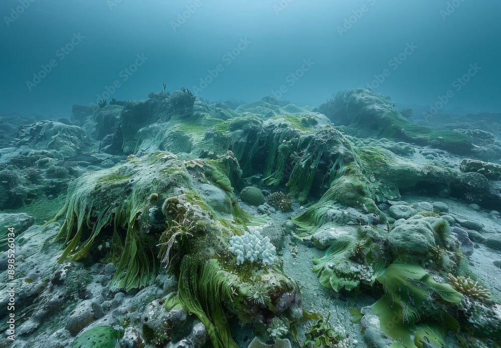 Fototapeta premium A detailed view of a once vibrant coral reef now covered in algae and showing signs of decay