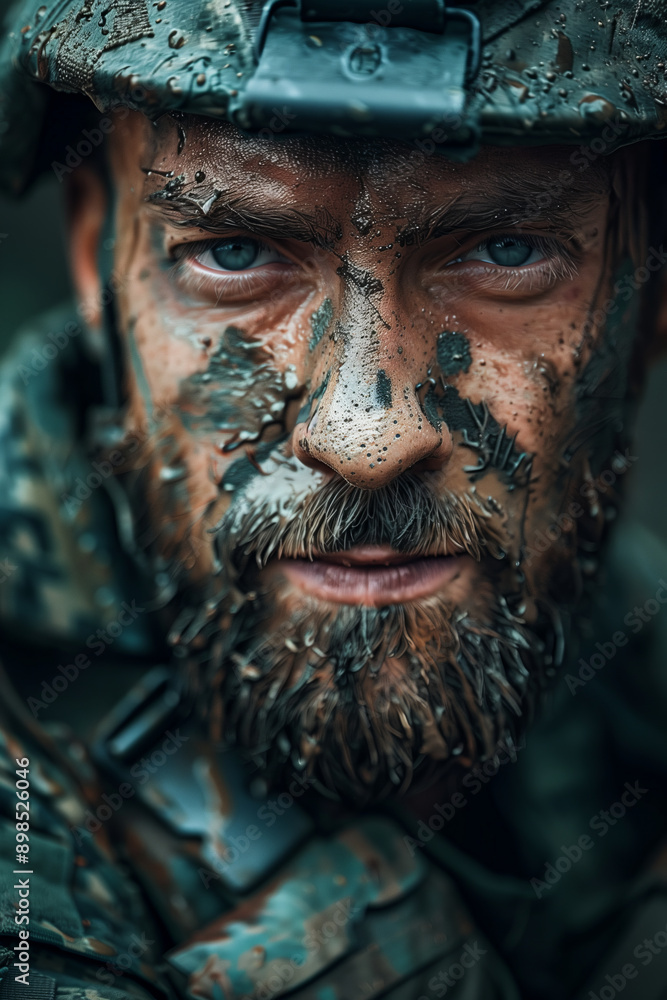 Closeup of a soldier camouflaged with mud on his face in the rain. Closeup of a soldier camouflaged with mud on his face in the rain.