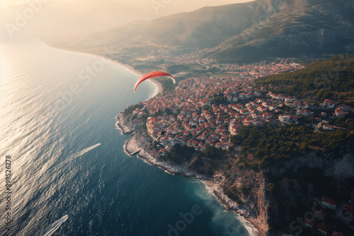 Parasailor soaring over the ocean on a sunny day photo