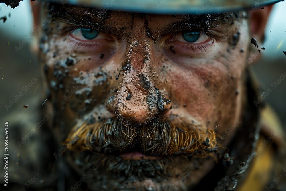 Closeup of a soldier camouflaged with mud on his face in the rain. Closeup of a soldier camouflaged with mud on his face in the rain.