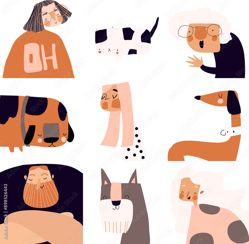 Funny pets with their owners. Vector set Funny pets with their owners. Vector set