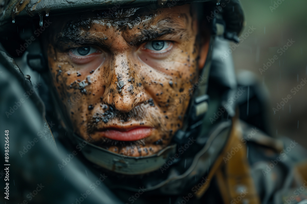Closeup of a soldier camouflaged with mud on his face in the rain. Closeup of a soldier camouflaged with mud on his face in the rain.