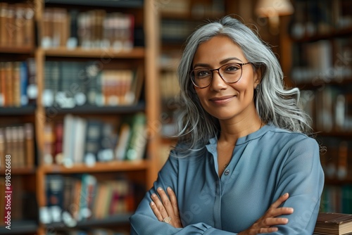 Senior Indian Female Lawyer in Library: Expertise in Law, Knowledge, and Negotiation Skills
