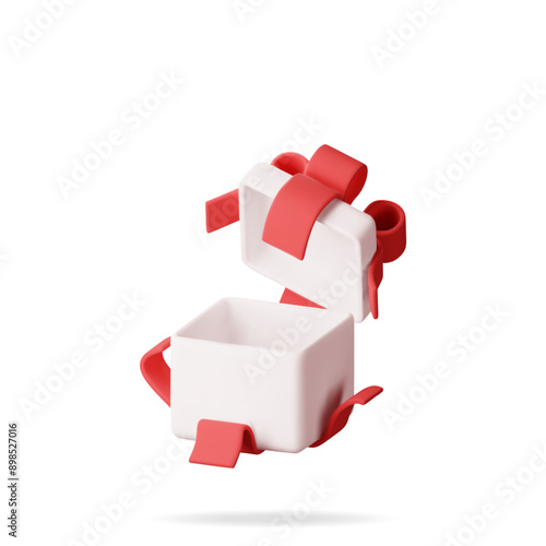 3D open gift box isolated on white. Render colorful wrapped box. Christmas, new year, sale, shopping. Present box with bows and ribbons. Giftbox for valentine, birthday holiday. Vector illustration