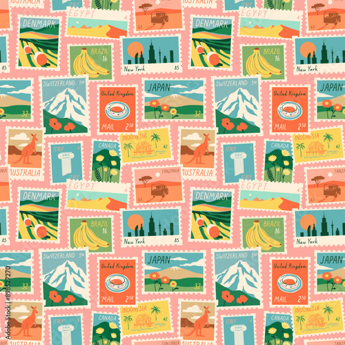 Vintage world travel post card stamp seamless pattern. Retro style international country landscape postage sticker background, famous landmark mail postmark wallpaper, tourism city postal label print.