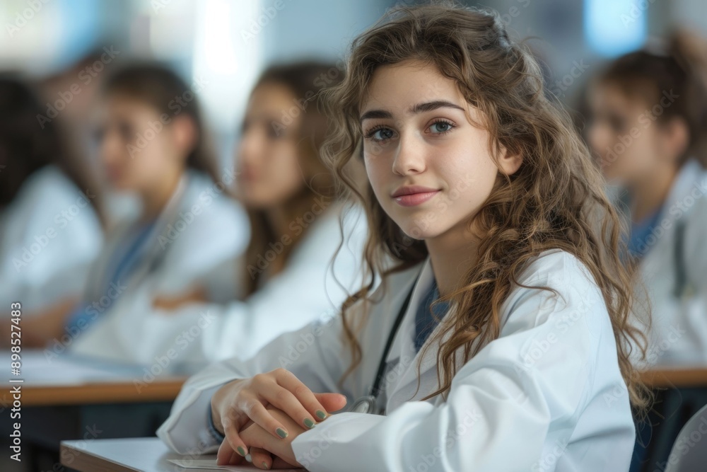 Medical student in classroom during lecture with group. Medical student in classroom during lecture with group.