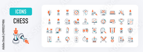 Chess icons set. Such as queen, strategy, checkmate, lose, board, clock, player, king, rock, pawn, castling, clipboard, gift, knight, schedule , shield, tournament, award, flag vector icon