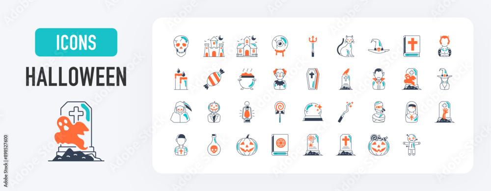 Halloween icon set. Such as monster such as angle of death, dracula, mask of murderer, bat and cute ghost, abandoned house, owl, candle, black cat, candy, wolf, skull vector icons illustration Halloween icon set. Such as monster such as angle of death, dracula, mask of murderer, bat and cute ghost, abandoned house, owl, candle, black cat, candy, wolf, skull vector icons illustration