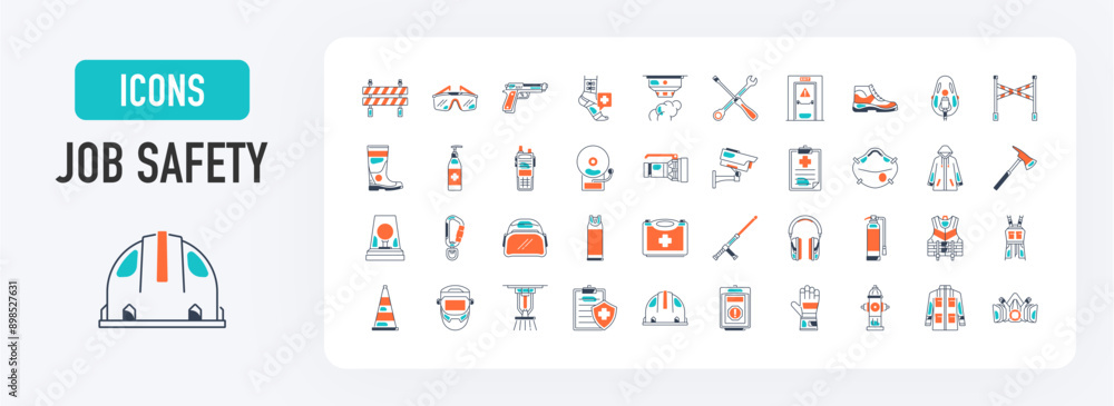 Job safety and protection icons set. Such as detector, glasses, repair tools, shoes, bandage, oxygen mask, insurance, gun, ear protection, emergency exit, cctv, first aid kit, coat vector icon. Job safety and protection icons set. Such as detector, glasses, repair tools, shoes, bandage, oxygen mask, insurance, gun, ear protection, emergency exit, cctv, first aid kit, coat vector icon.