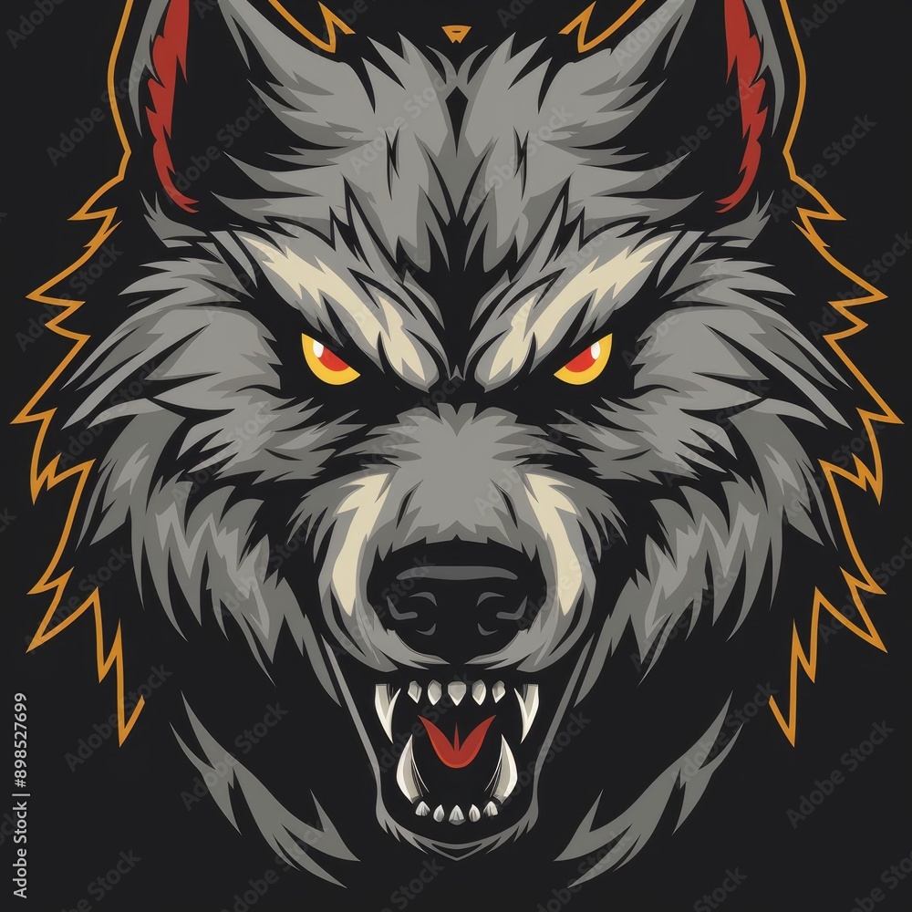 Fototapeta premium Fierce and angry cartoon wolf mascot, illustration of a strong character