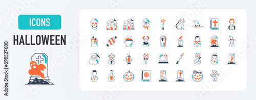 Halloween icon set. Such as monster such as angle of death, dracula, mask of murderer, bat and cute ghost, abandoned house, owl, candle, black cat, candy, wolf, skull vector icons illustration	