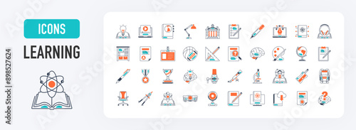 Learning icon set. Containing as study, graduation, student, knowledge, learning, school and stationery, university, webinar, online education icon vector illustration.	