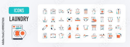 Set of laundry vector icons with of hand washing, dress, iron, washing powder, trolley, weighing scale, dryer, rowel, tshirt, brush, dress, iron, powder vector icon illustration.