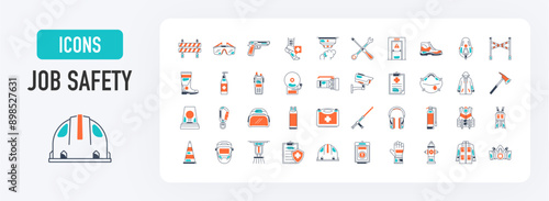 Job safety and protection icons set. Such as detector, glasses, repair tools, shoes, bandage, oxygen mask, insurance, gun, ear protection, emergency exit, cctv, first aid kit, coat vector icon.