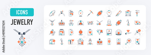 Jewelry icons set. Such as ring, necklace, bracelet, online store, wristwatch, truck, pickaxe, caliper, shopping bag, helmet, diamond, mine cart, delivery, caliper, crown, pearl, miner icon.