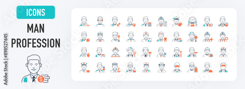 Professions icons set. Such as occupations, workers, lawyer, chef, doctor, developer, scientist, expert, gamer, influencer, entrepreneur farmer, entrepreneur. Isolated vector illustrations icon.
