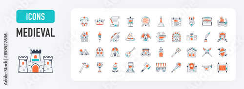 Medieval icons set. Content as knight, castle, crown, jester, manuscript, flag, tavern, treasure chest, anvil, ship, carriage, armour, axe, bell, bow, arrow, sword, goblet vector icon illustration.