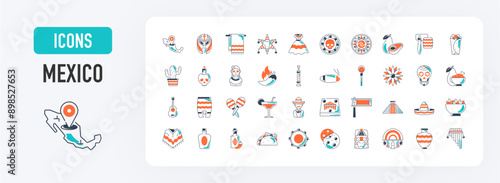 Mexico icons set. Such as dia de los muertos, wrestler, pinata, pyramid, taco, chili pepper, calendar, coin, hat, vase, avocado, burrito, cactus, candle mexican vecton icon illustration.	