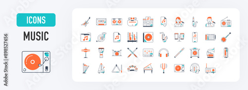 Music instrument icon set. Content as strings, winds, keyboards, percussion, guitar, equalizer, store, dj controller, casette, app, drumstick, cymbals, saxophone, earphones icons vector illustration	