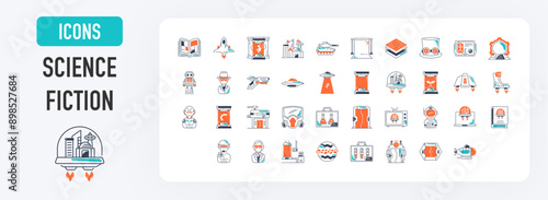 Set of science fiction icons. Such as comic, spaceship, dimensions, tank, samples, blog, green screen, teleportation, movie, healing, ufo, spy vector icon illustration.