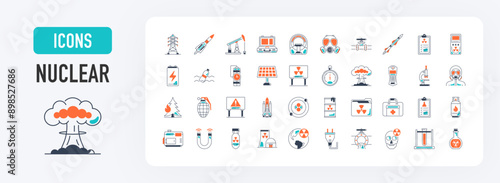 Nuclear and energy icon set. Electricity and weapon vector icons. Such as tower, gas mask, suitcase, pipeline, tank, hazmat, fuel, danger, missile, formula, dosimeter, explosion, generator. 
