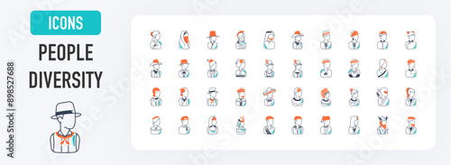 Set of people diversity vector icons for web and app. People from different countries in costumes. Such as indian, arab, african, england, mexican, cowgirl, cowboy, korea, hipster, samurai icon.
