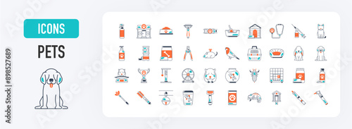 Pet, vet, pet shop icon set. Minimal thin web icons. Cat, fish, bowl, vaccine, carrier, anti bug, collar, shampoo, bed, grooming rake, lice, dog food vector illustration.	