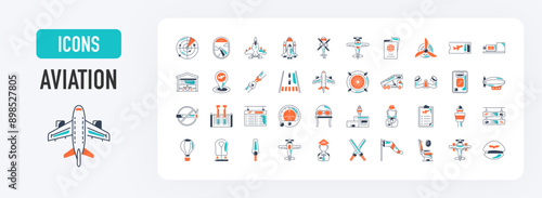 Set of airport icons. Such as takeoff, runway, air balloon, landing, flying, monitors, aircraft, radar, aviation, captain, rocket, space shuttle, window,  icon vector illustration.	