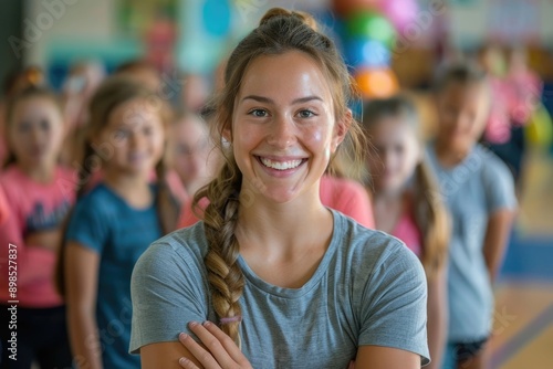 Joyful PE teacher leads exercise class with students in gym.