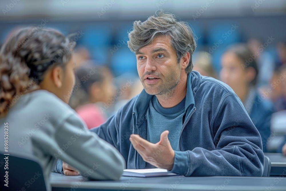 Male professor interacts with students helps university student in class. Male professor interacts with students helps university student in class.