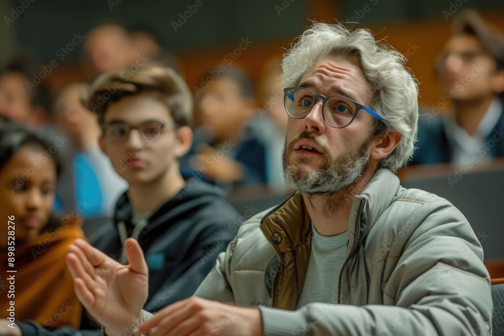 Male professor interacts with students helps university student in class. Male professor interacts with students helps university student in class.