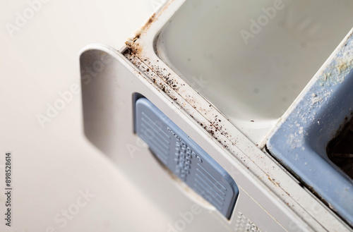 Dirt and mold in the washing machine tray. Unsanitary conditions, cleaning the tray, close-up