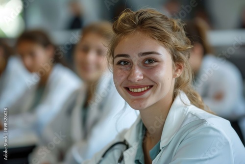 Happy medical student in university class.