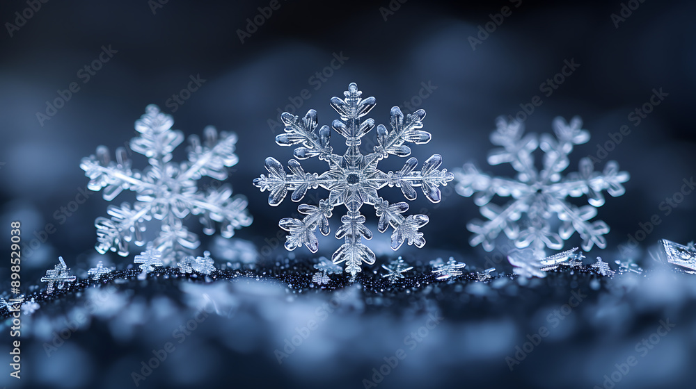 Macro photo of 3 snowflakes align on ground, crystal clear beauty snow Macro photo of 3 snowflakes align on ground, crystal clear beauty snow
