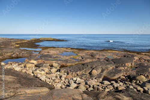 the rocky coast of the Barents Sea on a clear cloudless day in the village of Teriberka, Murmansk region