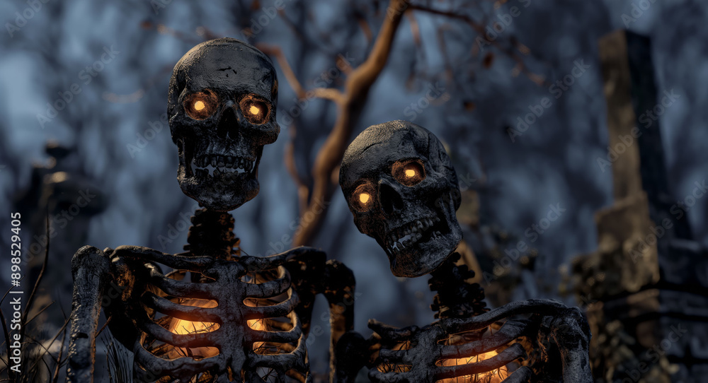 two skeleton couple walking on creepy graveyard two skeleton couple walking on creepy graveyard