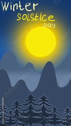 Winter solstice animation. The sun rises from behind the mountains and sets behind the mountains. Vertical video.