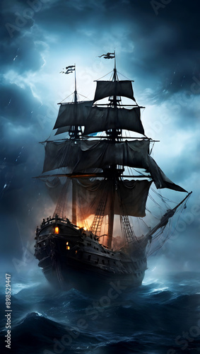  A scary flying Dutchman ghost ship. Generative By Ai.